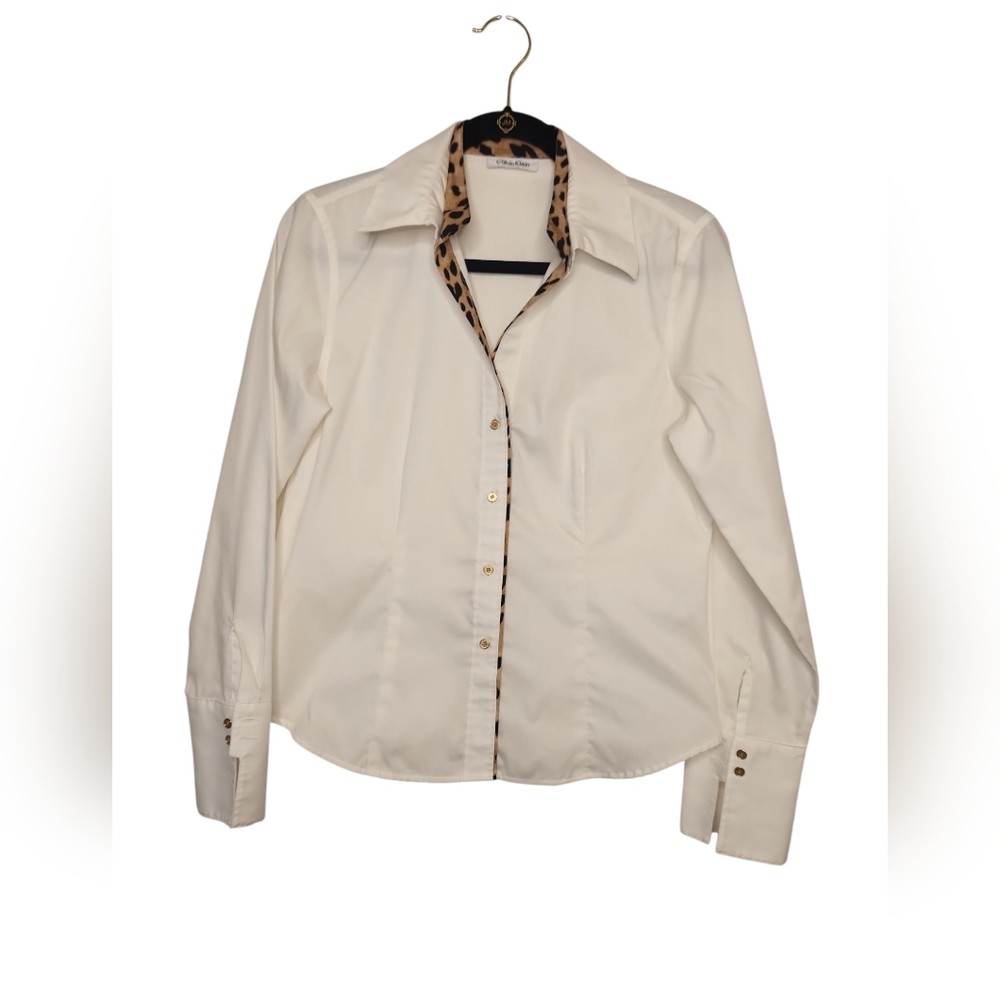 Calvin Klein Women's White Button-Up Leopard Trim Cuffed Shirt Size S